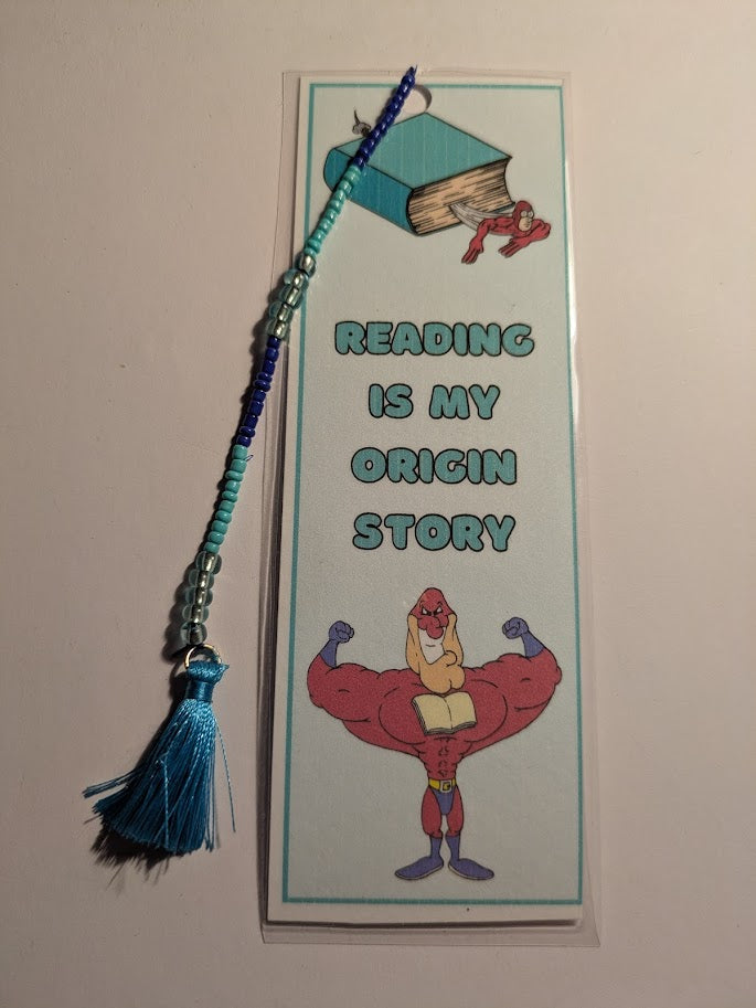 Origin Story with blue tassel Bookmark