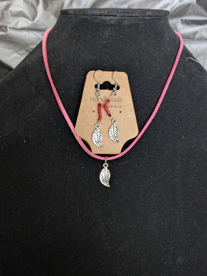 Silver leaf necklace earring set