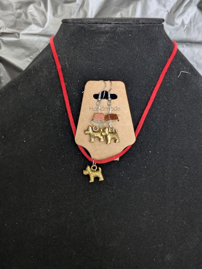 necklace/earring set with gold dog