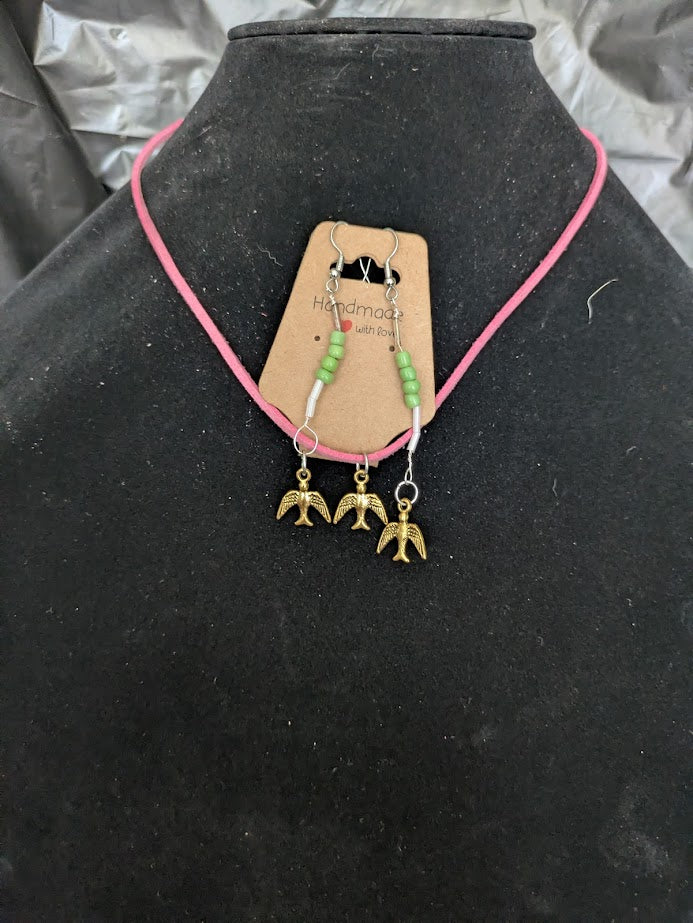 necklace/earring with gold bird