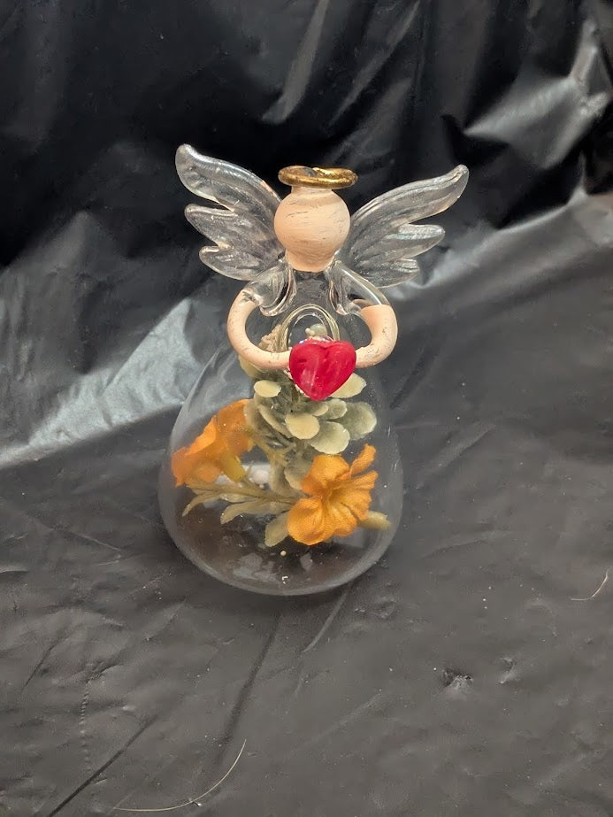 Glass Angels with Flowers Two Yellow Green Leaves