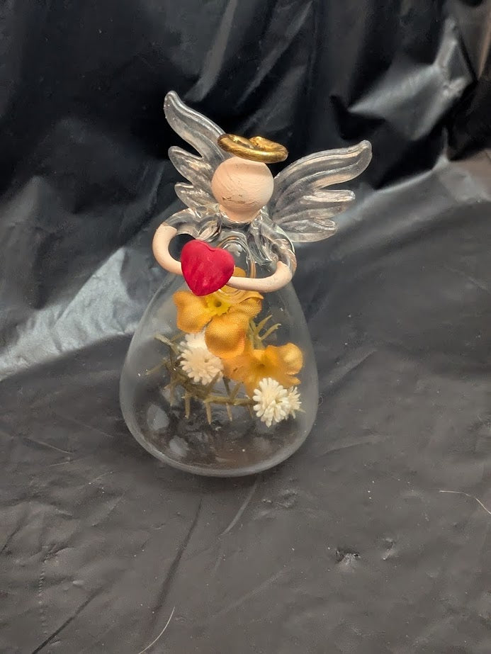 Glass Angels with Flowers Two yellow and some White flowers